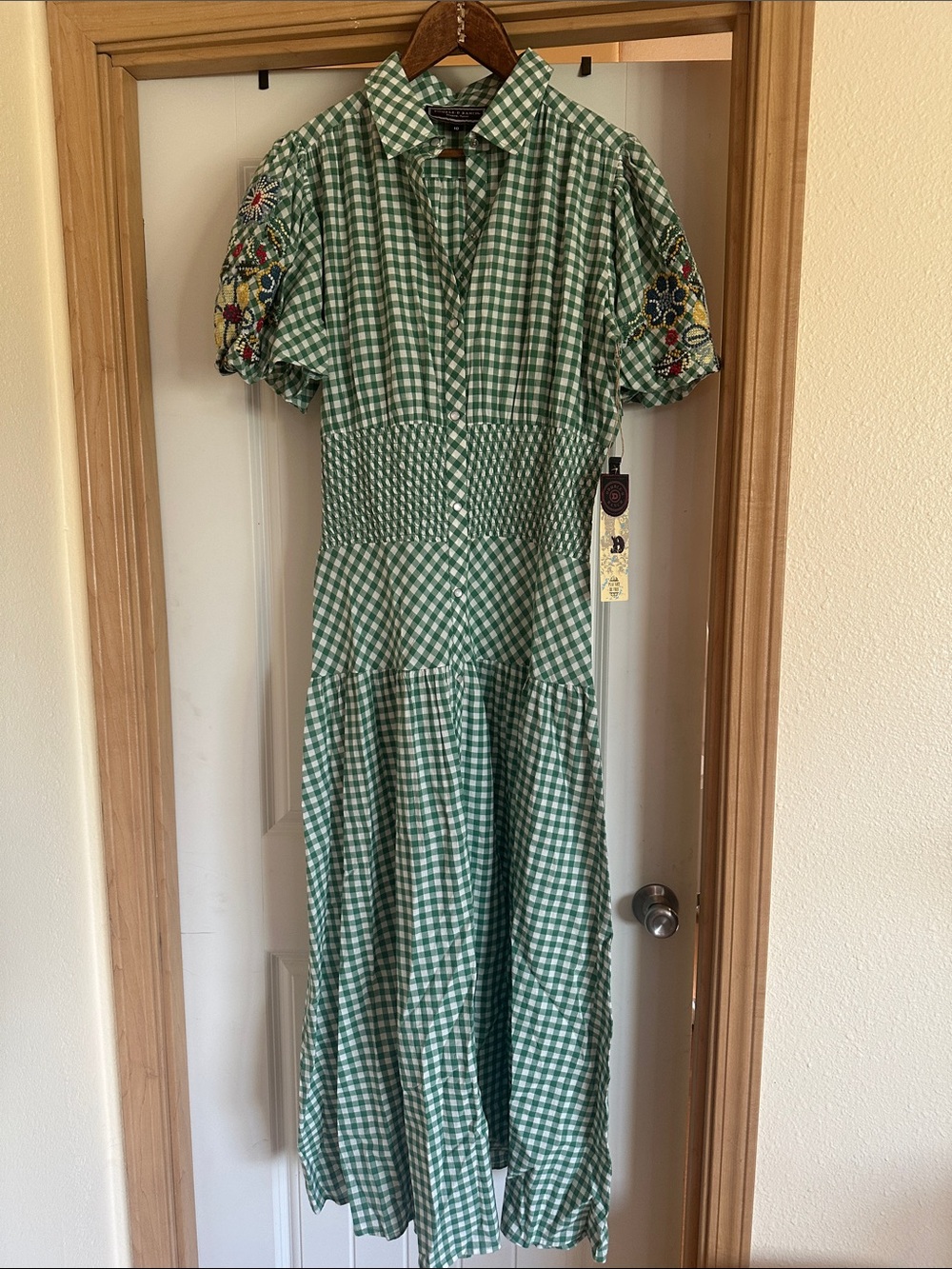Double D Ranch Green Gingham Maxi Dress with Embroidered Puff Sleeves